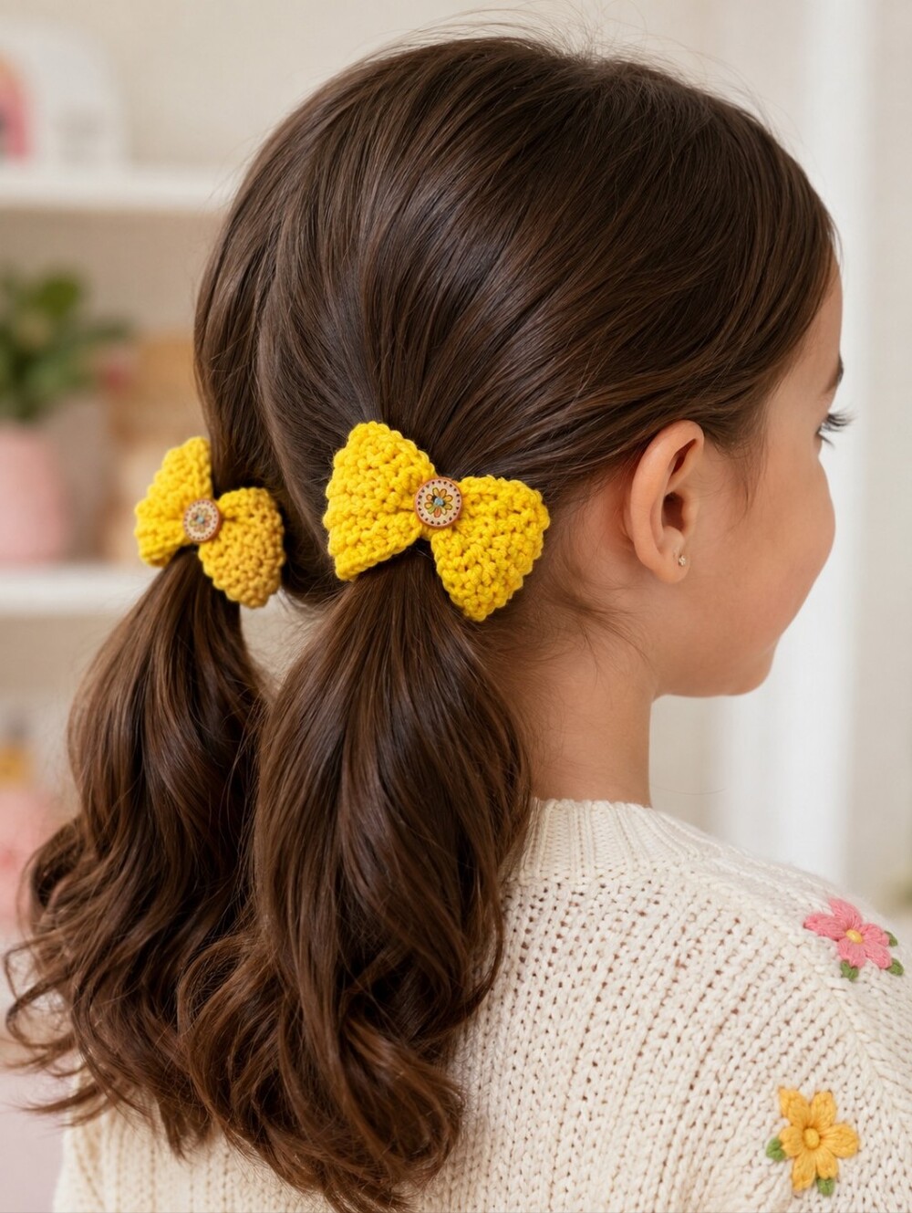 Hand Knit Girls Yellow Ponytail Bows Set Of Two